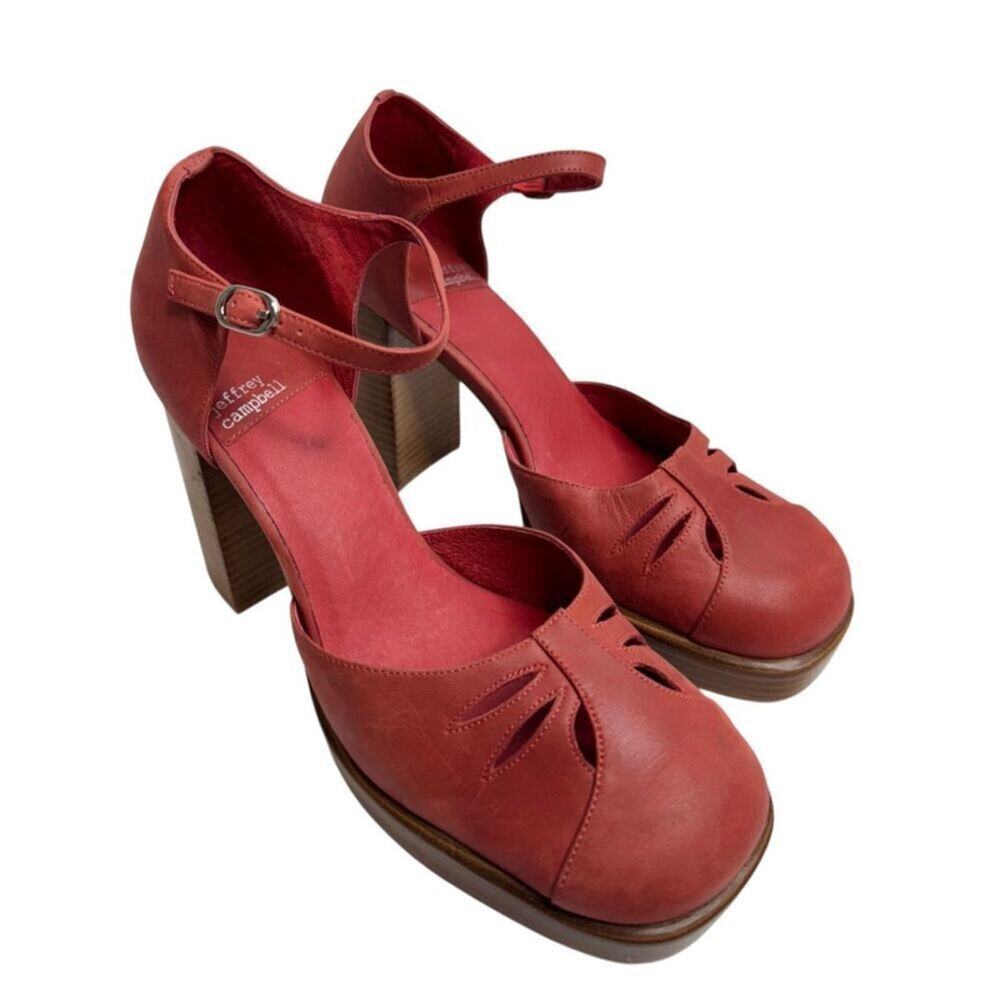 Jeffrey Campbell Mary Jane Heels Size 9.5 Leather‎ Red Perforated Natural Pumps